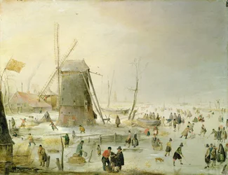 Eine Winterszene mit Schlittschuhläufern bei einer Windmühle